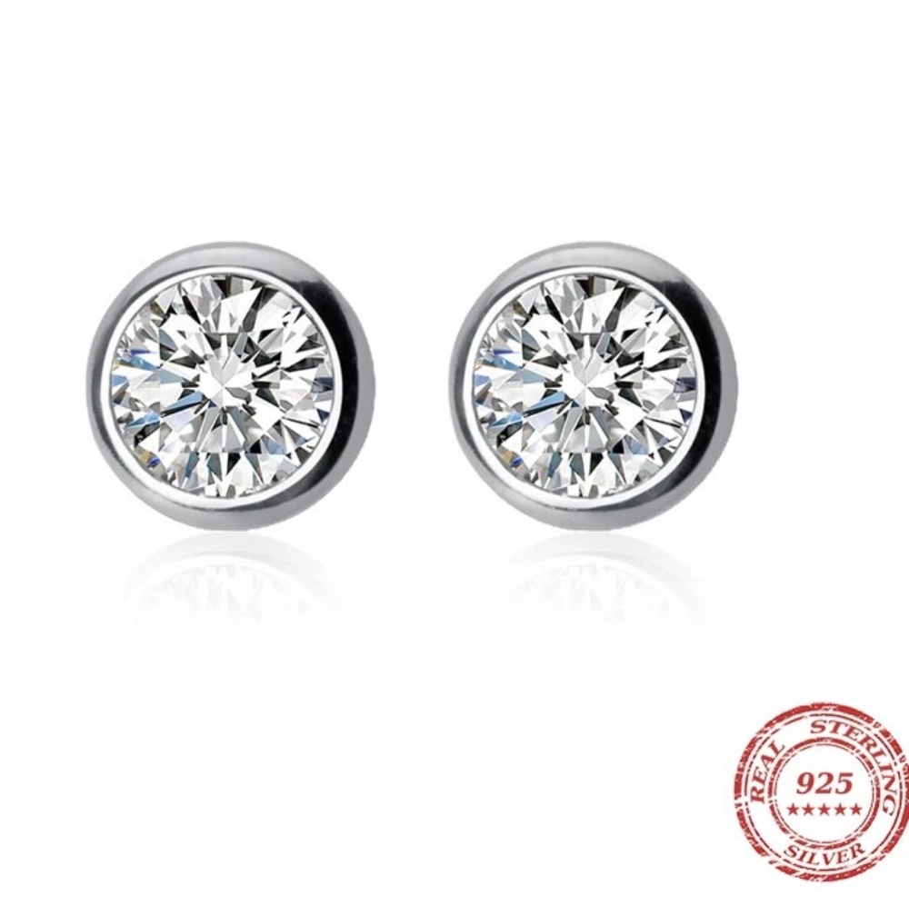 NEW Platinum Plated S925 1 cttw Bezel Stud Earrings - Picture 9 of 16